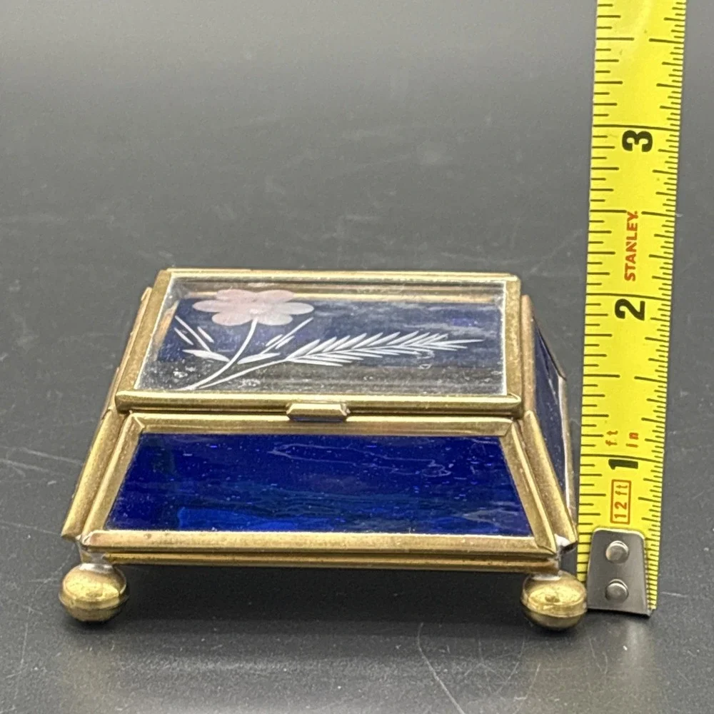 Vintage Via Vermont Cobalt Blue Stained Glass Trinket Box - Etched Floral Lid